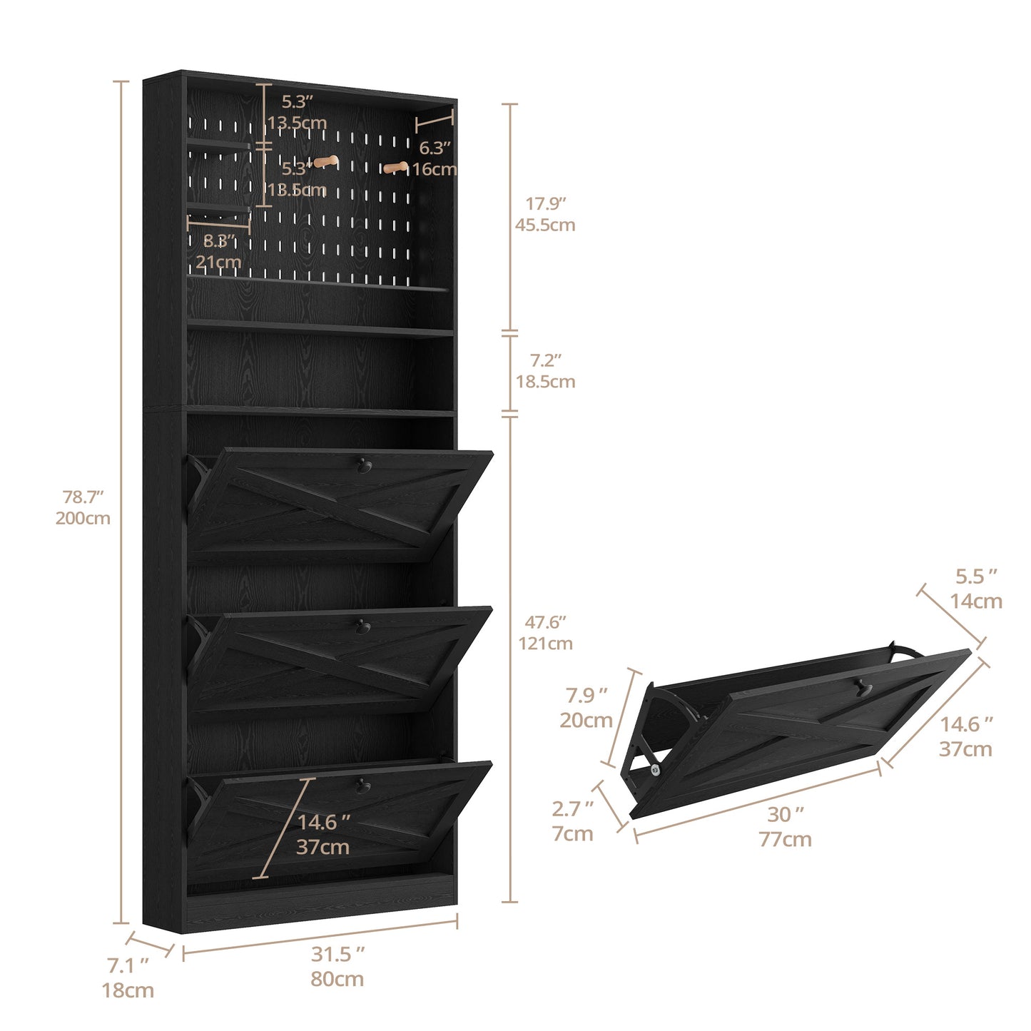 Shoe Cabinet Storage with 3 Flip Drawers and Pegboard Rack,Black