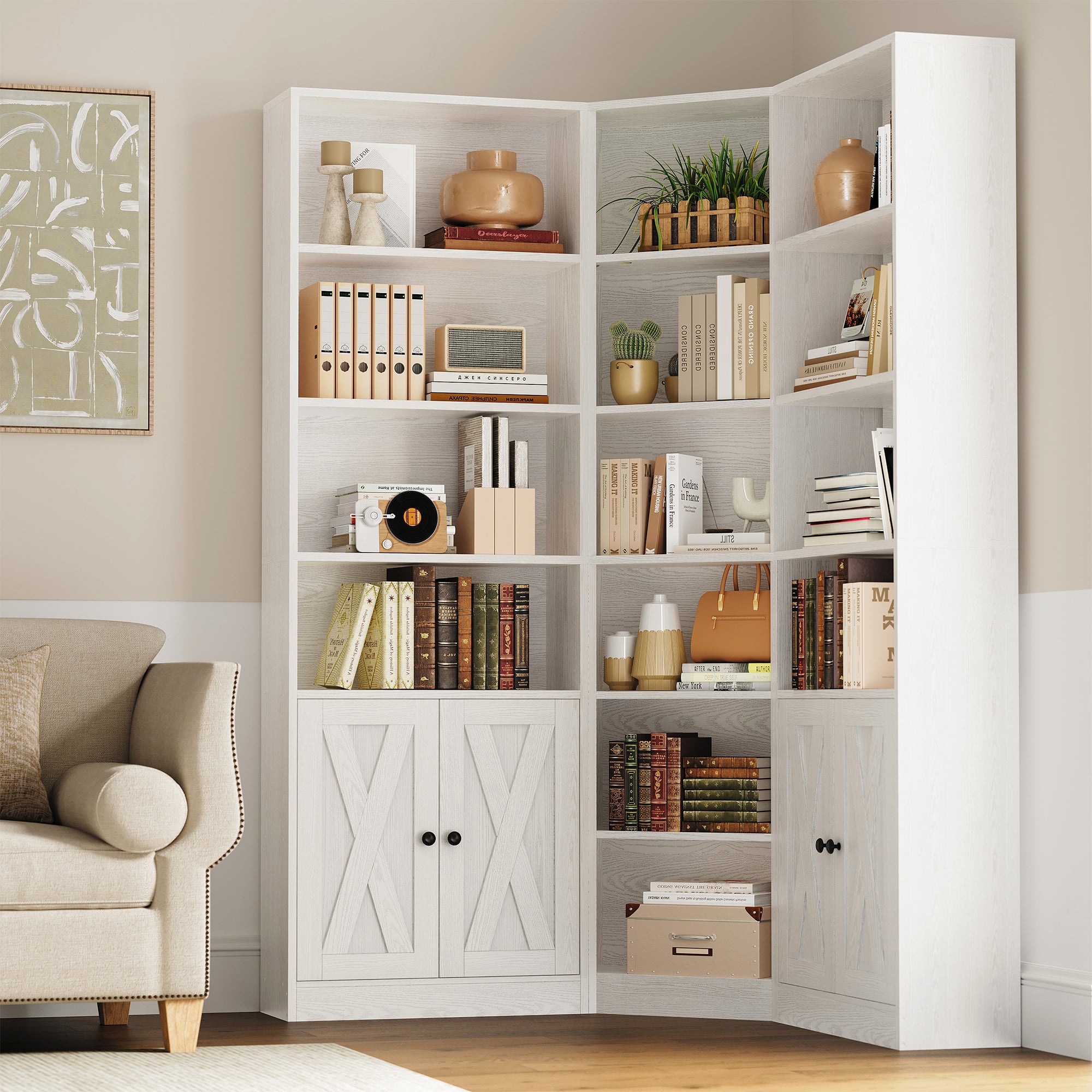 Large Corner Bookshelf with 2 Doors and Storage Cabinets, L-Shaped 7 Tiers Wood Bookcase, Tall Corner Book Shelf for Living Room, Home Office, White