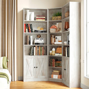 Large Corner Bookshelf with 2 Doors and Storage Cabinets, L-Shaped 7 Tiers Wood Bookcase, Tall Corner Book Shelf for Living Room, Home Office, Rusitc Maple