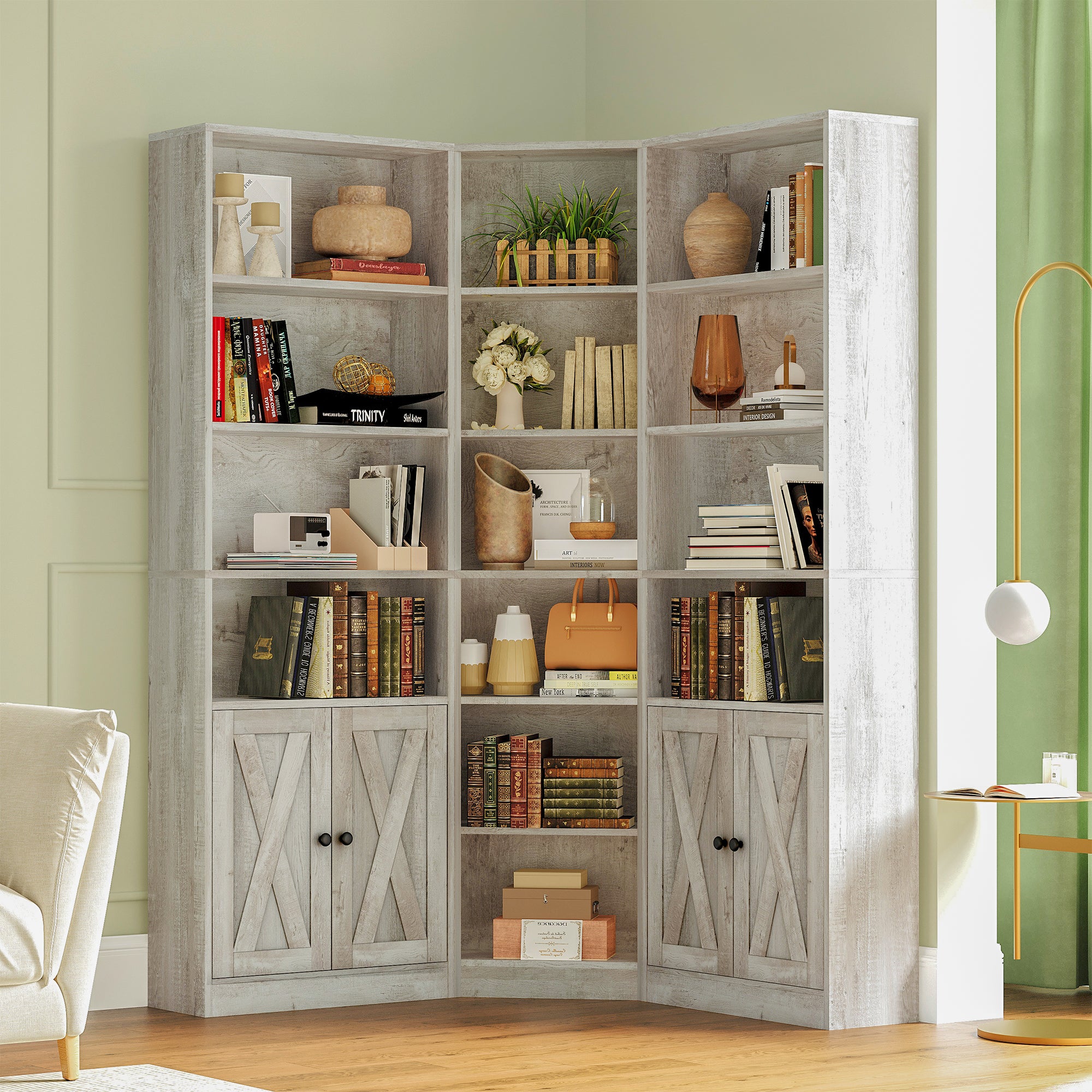 Large Corner Bookshelf with 2 Doors and Storage Cabinets, L-Shaped 7 Tiers Wood Bookcase, Tall Corner Book Shelf for Living Room, Home Office, Rusitc Maple