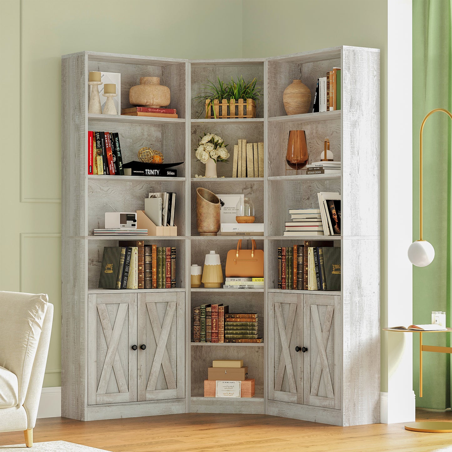 Large Corner Bookshelf with 2 Doors and Storage Cabinets, L-Shaped 7 Tiers Wood Bookcase, Tall Corner Book Shelf for Living Room, Home Office, Rusitc Maple