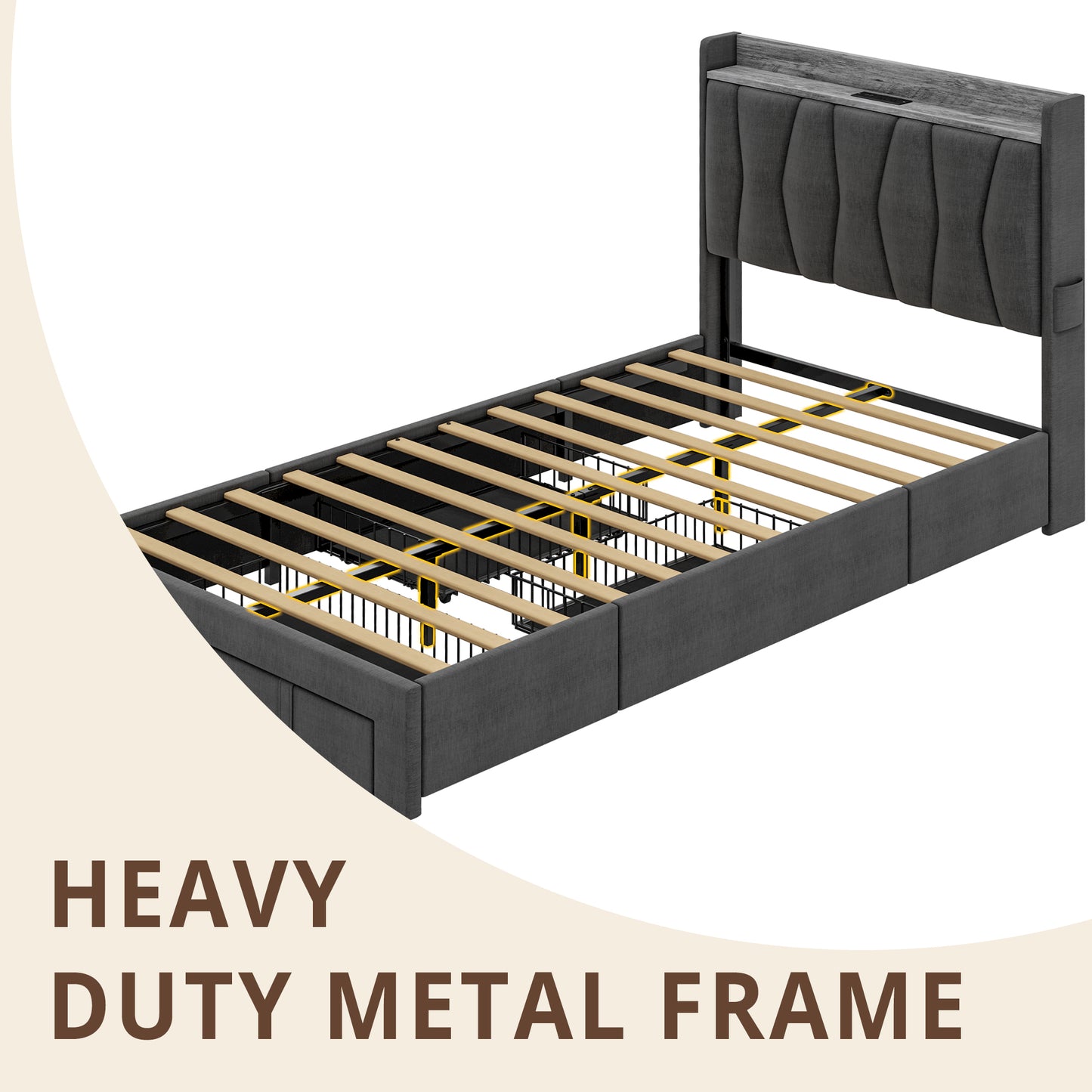 Twin Bed Frame with 3 Drawers, Grey