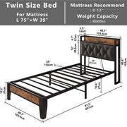 Twin Bed Frames, Storage Headboard with Outlets