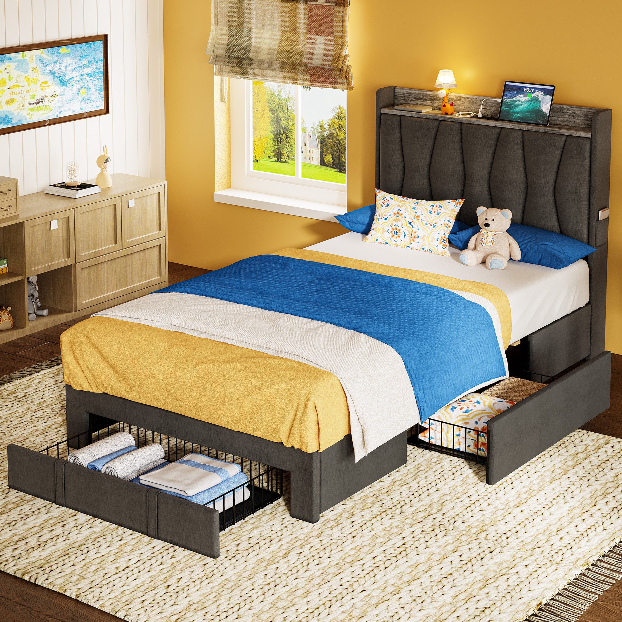 Twin Bed Frame with 3 Drawers, Grey