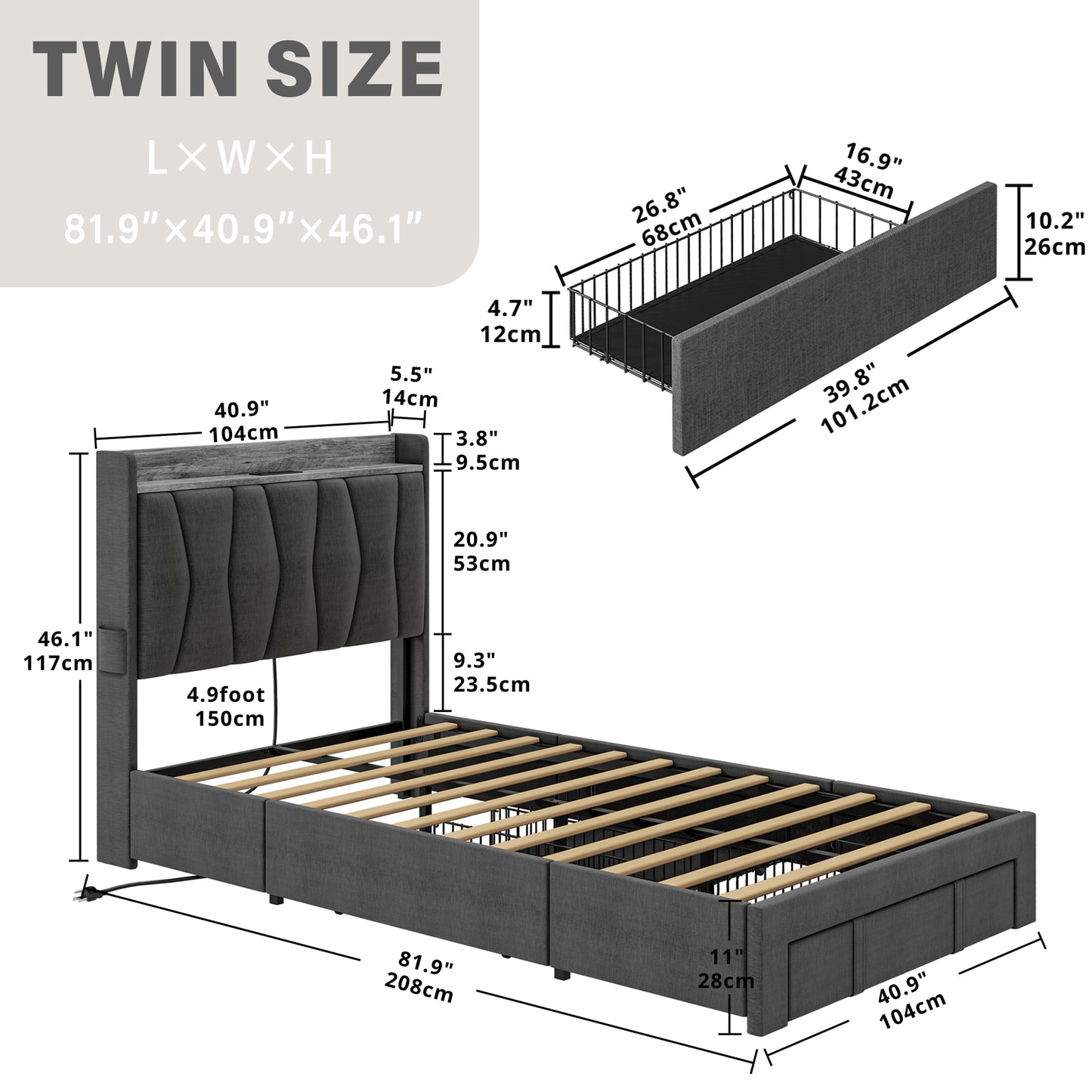Twin Bed Frame with 3 Drawers, Grey