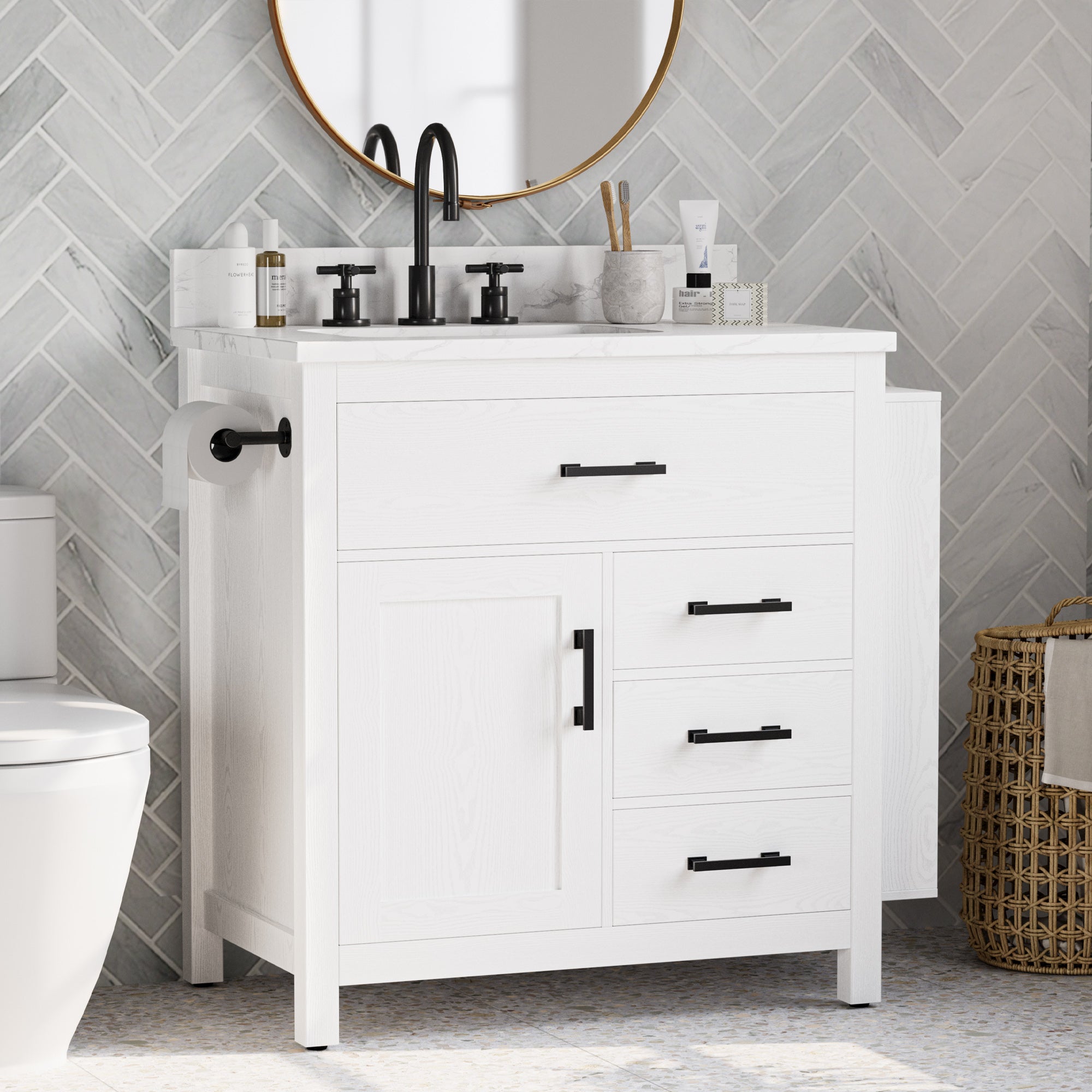 Bathroom Vanity 30 Inches with Sink and 4 Drawers and 1 Door Cabinet and 3 Extra Side Shelves,White
