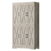 Kitchen Pantry Cabinet with LED Lights, 6 Barn Doors, 39.4" W x 71.3" H, Large Storage Cabinet with 12 Shelves, Freestanding Cupboard with Door Storage Rack for Dining Room, Rustic Maple