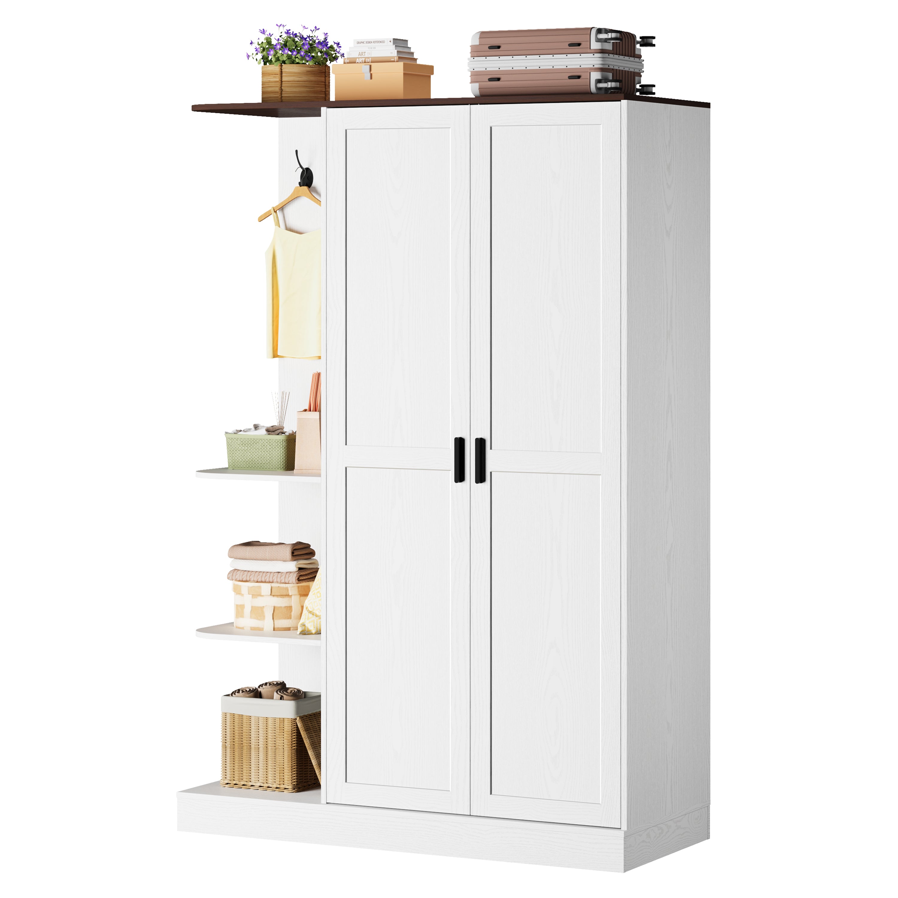 Wardrobe Closet, Modern Bedroom Armoires with 5 Shelves, 2 Doors, Large Wooden Closet Cabinet with 30"W x 52"H Hanging Area, Freestanding Clothing Storage Cabinet, White