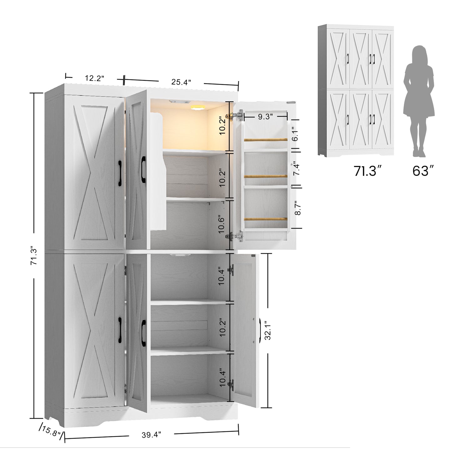 Kitchen Pantry Cabinet with LED Lights, 6 Barn Doors, 39.4" W x 71.3" H, Large Storage Cabinet with 12 Shelves, Freestanding Cupboard with Door Storage Rack for Dining Room, White
