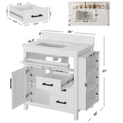 Bathroom Vanity 30 Inches with Sink and 4 Drawers and 1 Door Cabinet and 3 Extra Side Shelves,White