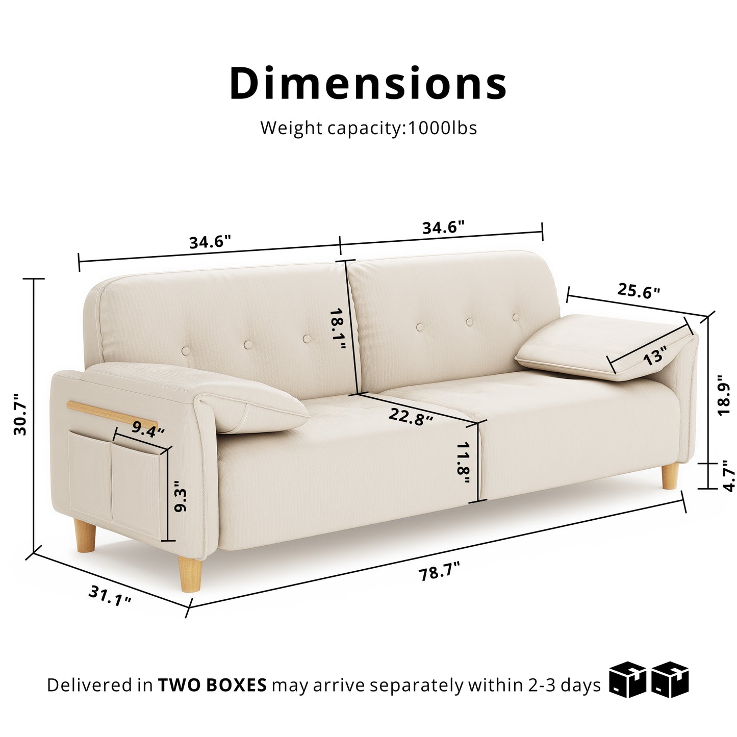 79" 2-Seater Modern Couch, Apartment Lounge,Beige