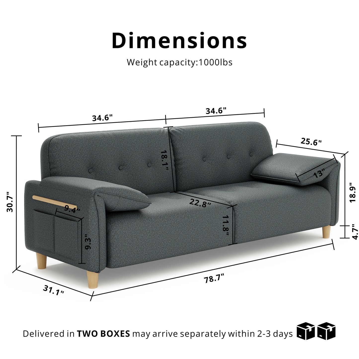 79" 2-Seater Modern Couch, Apartment Lounge,Dark Grey