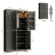 Kitchen Pantry Cabinet with LED Lights, 6 Barn Doors, 39.4" W x 71.3" H, Large Storage Cabinet with 12 Shelves, Freestanding Cupboard with Door Storage Rack for Dining Room, Charcoal Grey