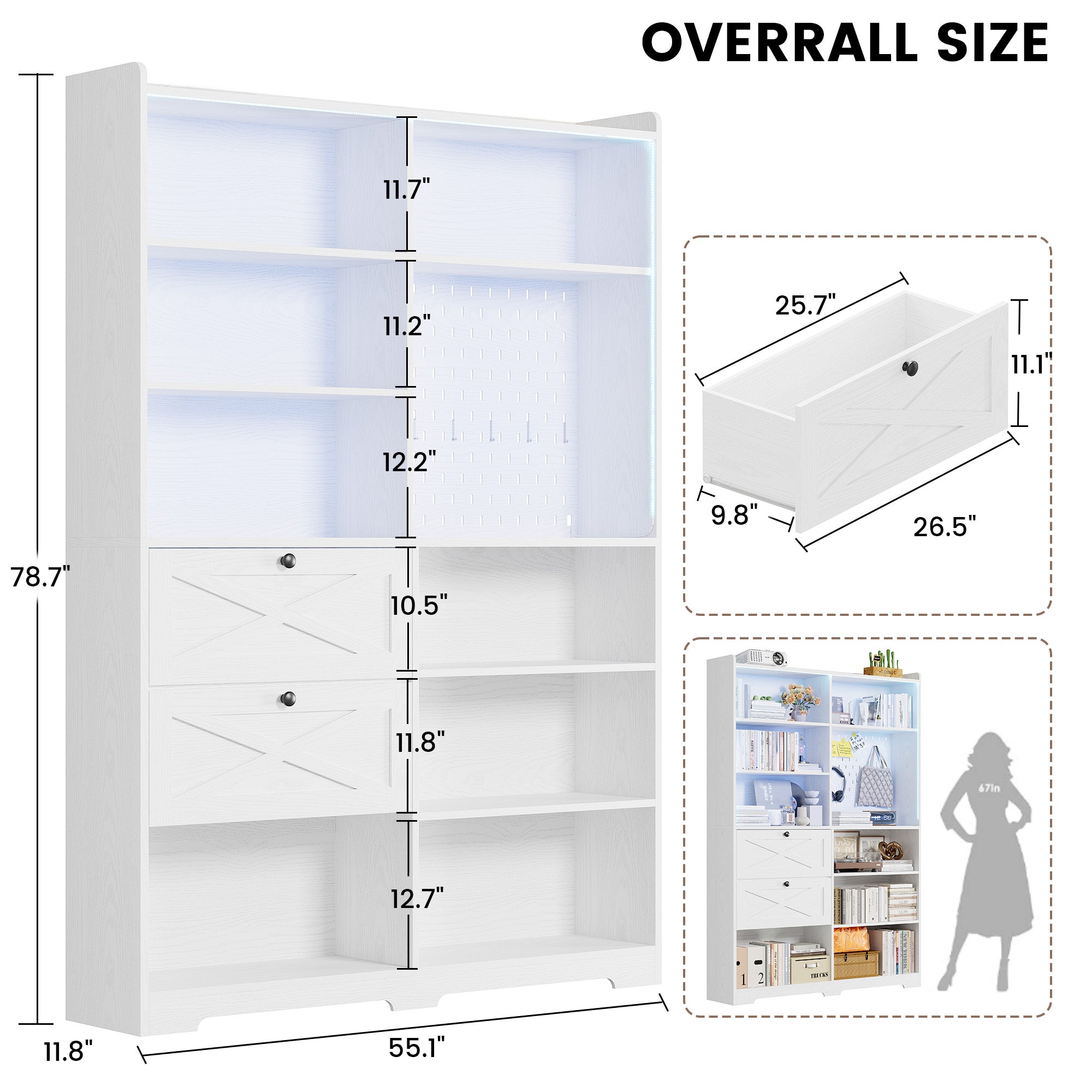 Bookshelf and Bookcase 55" W x 79" H, with LED Lights, 2 Deep Drawers, 7-Tier Double Wide Bookshelves with Pegboard, Freestanding Display Cabinet for Home Office, Living Room, White
