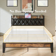 Queen Bed Frame, Storage Headboard with Outlets, Rustic Brown and Black