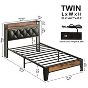 Twin Bed Frames, Storage Headboard with Outlets, Rustic Brown and Black
