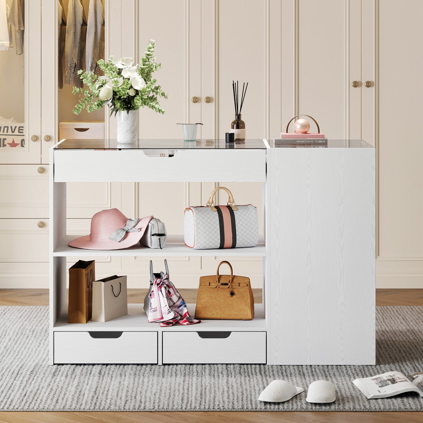 Bedroom Island, 47.4”W Wardrobe Closet Armoire Island with 8 Drawers Glass Top, Jewelry Center Island for Walk in Closet, Dresser for Bedroom Cloakroom Store, White