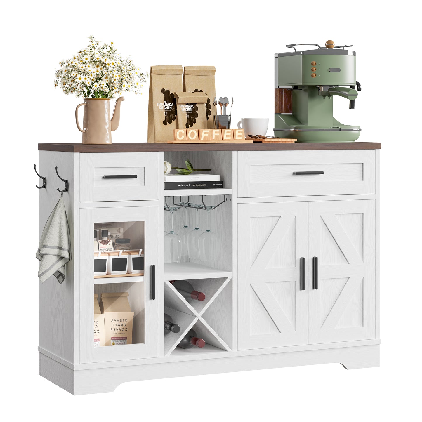 Buffet Cabinet with Storage, 47.3" Farmhouse Coffee Bar Cabinet with Glass Holders, Wine Bar Cabinet with 2 Drawers, Wine Racks for Liquor, Wooden Sideboard for Dining Room, Living Room, White