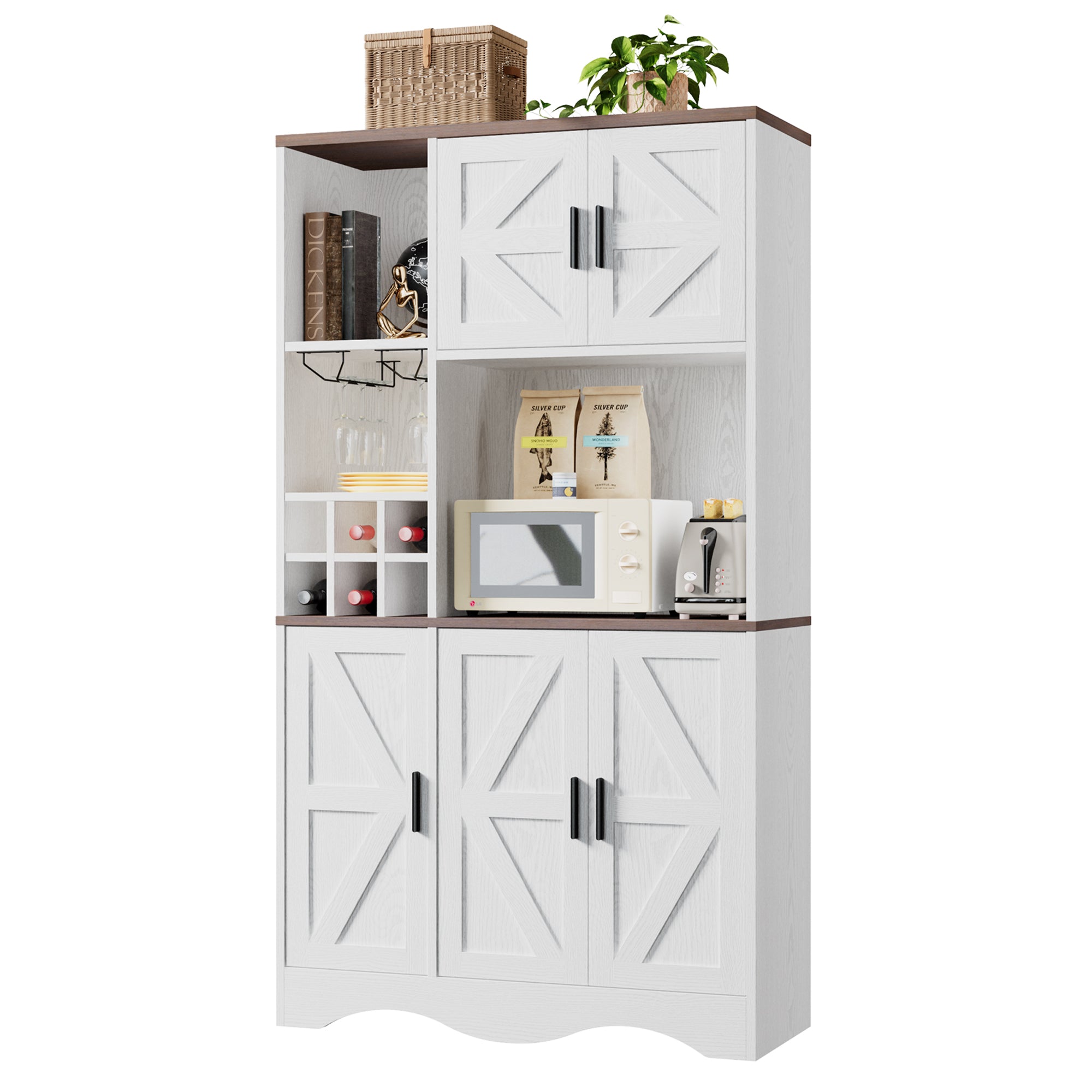 Pantry Cabinet with Wine Racks, 5 Barn Doors, 71" H ×39.4" W, Kitchen Storage Tall Wooden Pantry Cabinets with Doors and Shelves, Freestanding Bar Hutch Cabinets for Kitchen, Dining Room, White