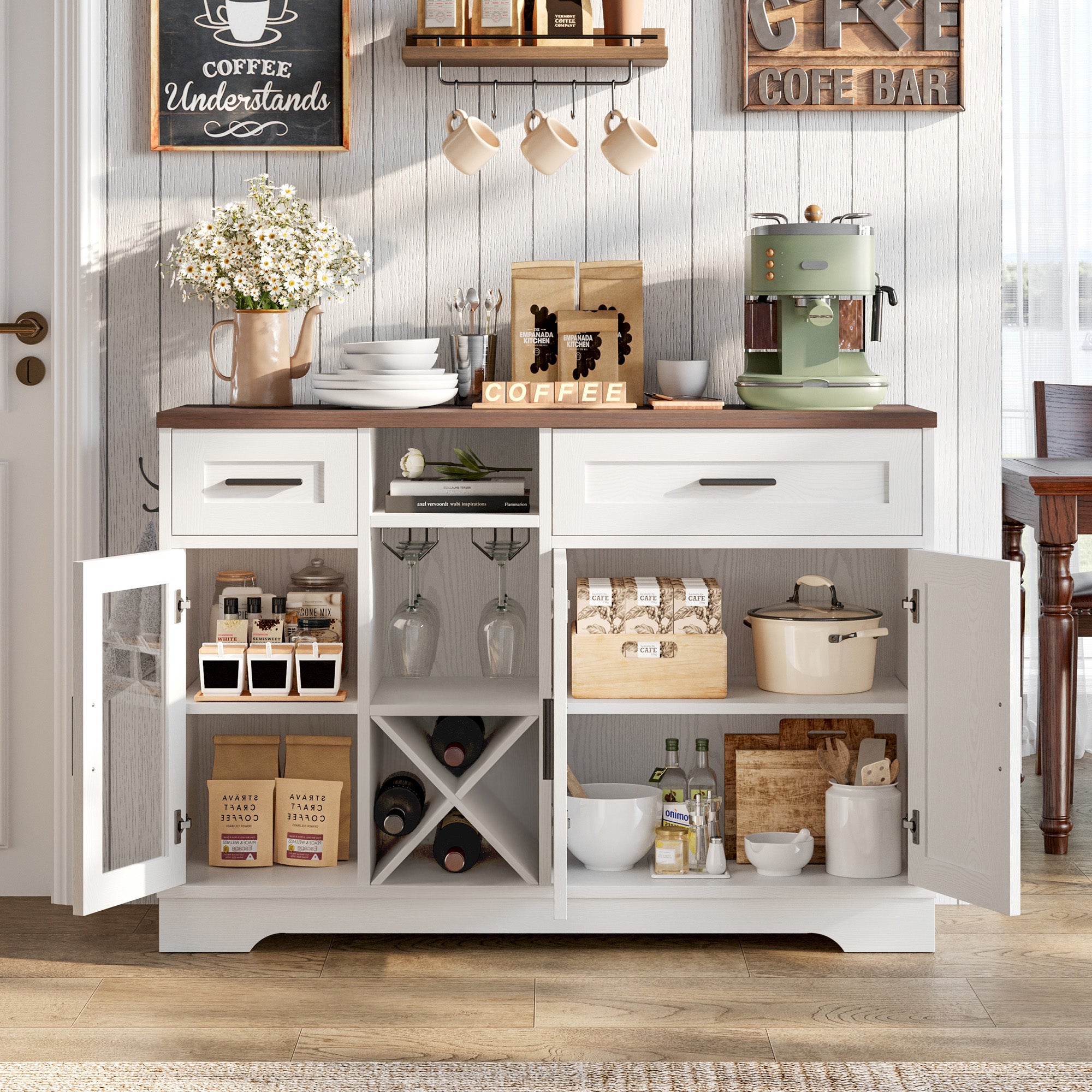 Buffet Cabinet with Storage, 47.3" Farmhouse Coffee Bar Cabinet with Glass Holders, Wine Bar Cabinet with 2 Drawers, Wine Racks for Liquor, Wooden Sideboard for Dining Room, Living Room, White
