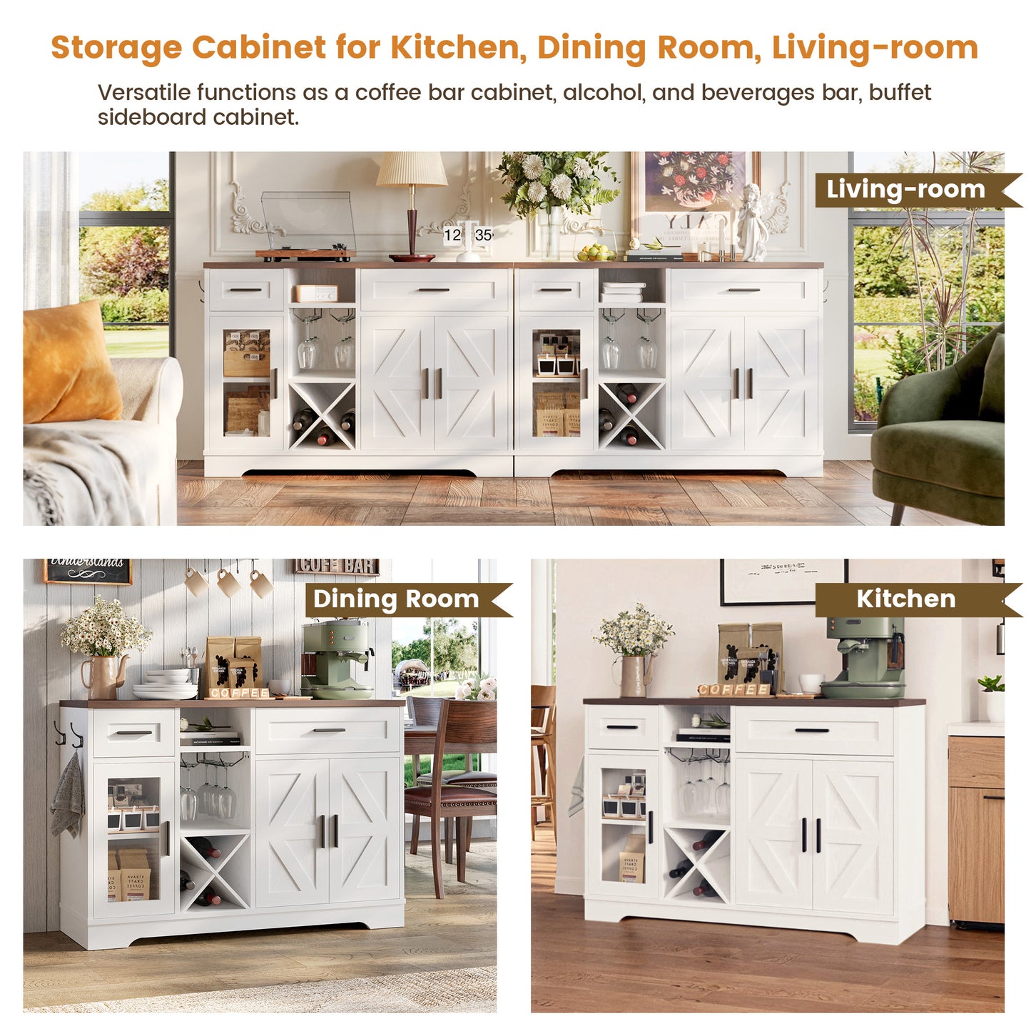 Buffet Cabinet with Storage, 47.3" Farmhouse Coffee Bar Cabinet with Glass Holders, Wine Bar Cabinet with 2 Drawers, Wine Racks for Liquor, Wooden Sideboard for Dining Room, Living Room, White