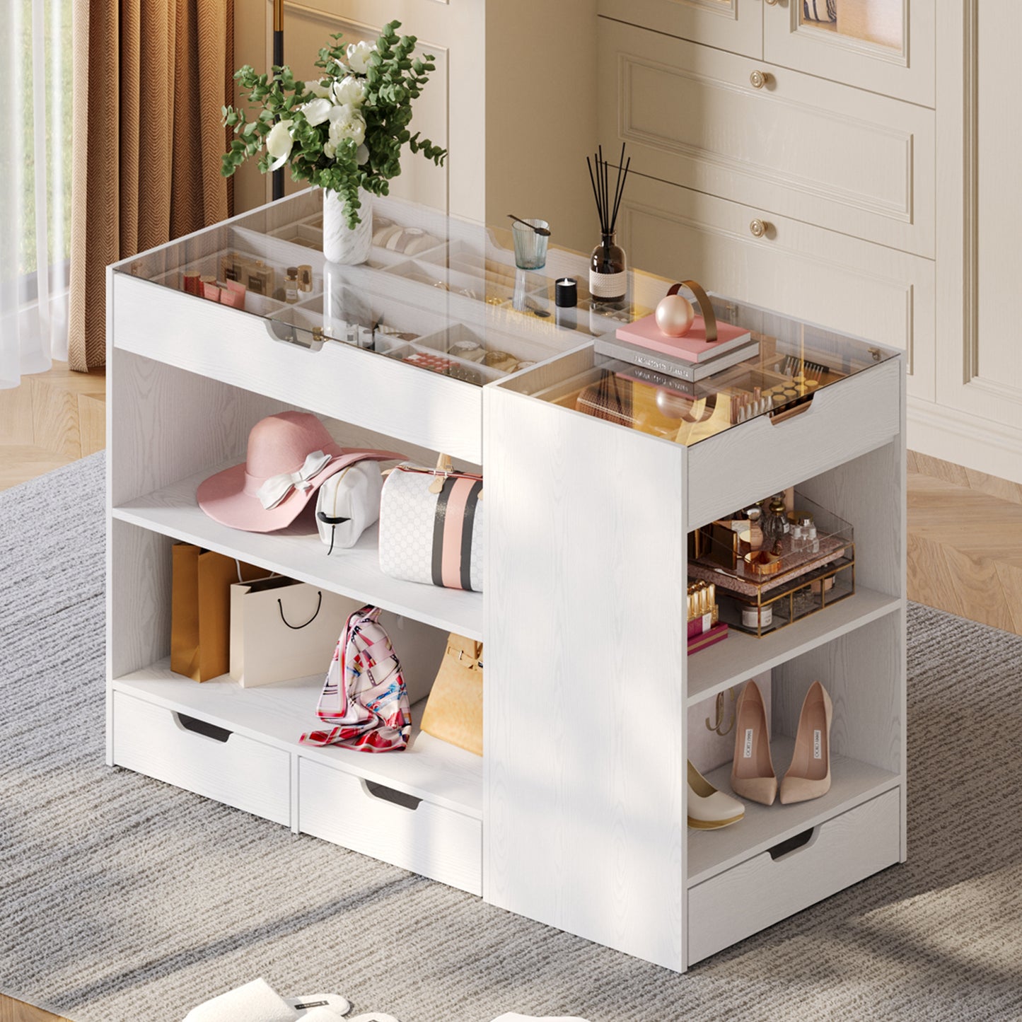 Bedroom Island, 47.4”W Wardrobe Closet Armoire Island with 8 Drawers Glass Top, Jewelry Center Island for Walk in Closet, Dresser for Bedroom Cloakroom Store, White