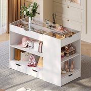 Bedroom Island, 47.4”W Wardrobe Closet Armoire Island with 8 Drawers Glass Top, Jewelry Center Island for Walk in Closet, Dresser for Bedroom Cloakroom Store, White