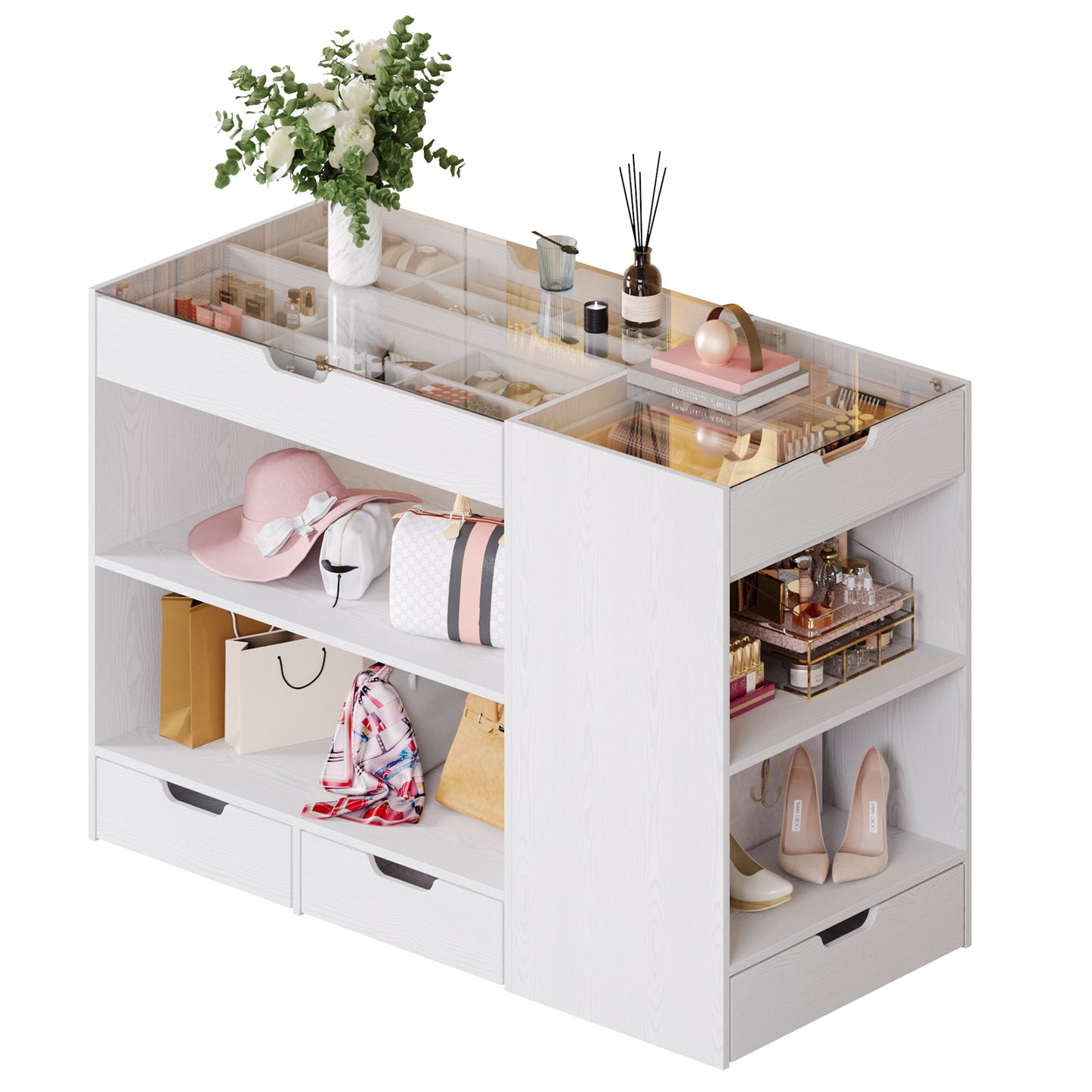 Bedroom Island, 47.4”W Wardrobe Closet Armoire Island with 8 Drawers Glass Top, Jewelry Center Island for Walk in Closet, Dresser for Bedroom Cloakroom Store, White