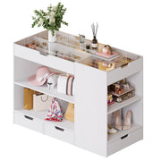 Bedroom Island, 47.4”W Wardrobe Closet Armoire Island with 8 Drawers Glass Top, Jewelry Center Island for Walk in Closet, Dresser for Bedroom Cloakroom Store, White