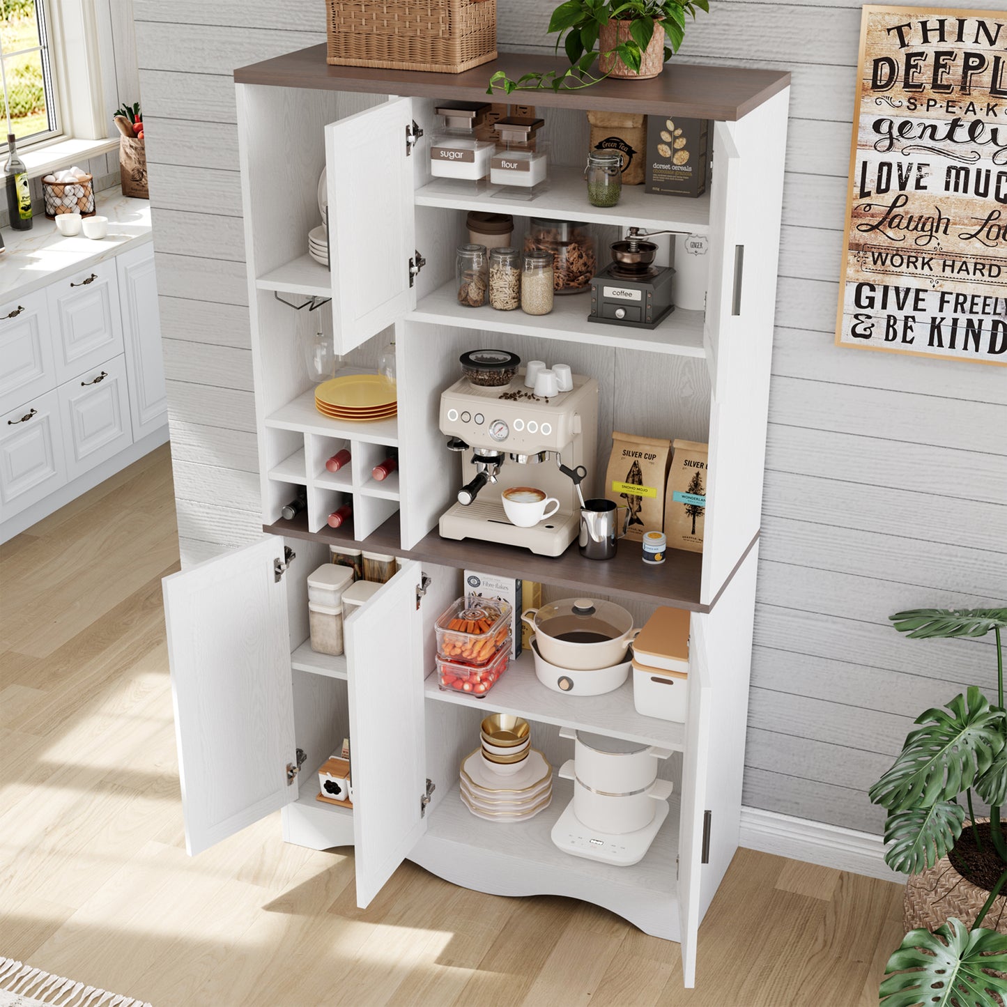 Pantry Cabinet with Wine Racks, 5 Barn Doors, 71" H ×39.4" W, Kitchen Storage Tall Wooden Pantry Cabinets with Doors and Shelves, Freestanding Bar Hutch Cabinets for Kitchen, Dining Room, White