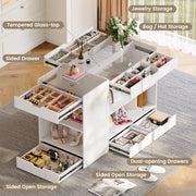 Bedroom Island, 47.4”W Wardrobe Closet Armoire Island with 8 Drawers Glass Top, Jewelry Center Island for Walk in Closet, Dresser for Bedroom Cloakroom Store, White