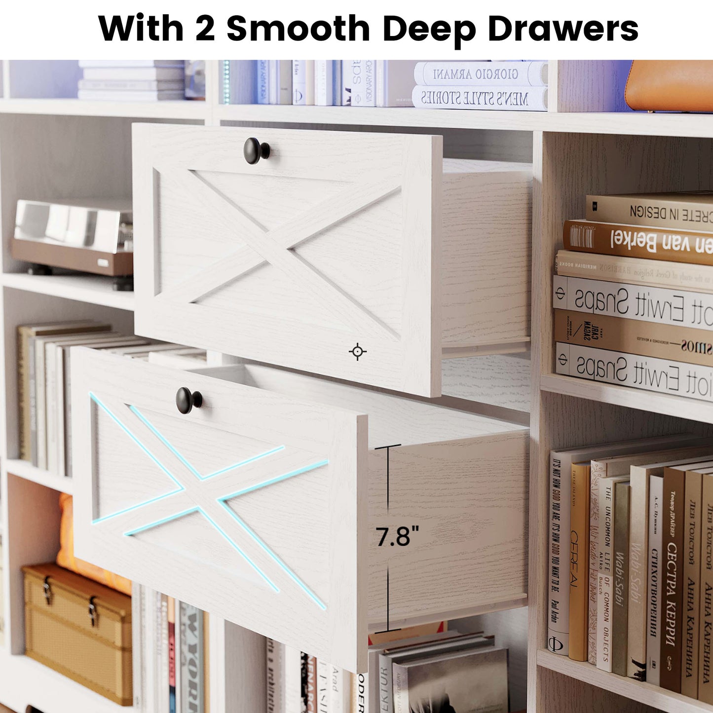 Bookshelf and Bookcase 55" W x 79" H, with LED Lights, 2 Deep Drawers, 7-Tier Double Wide Bookshelves with Pegboard, Freestanding Display Cabinet for Home Office, Living Room, White