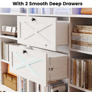 Bookshelf and Bookcase 55" W x 79" H, with LED Lights, 2 Deep Drawers, 7-Tier Double Wide Bookshelves with Pegboard, Freestanding Display Cabinet for Home Office, Living Room, White