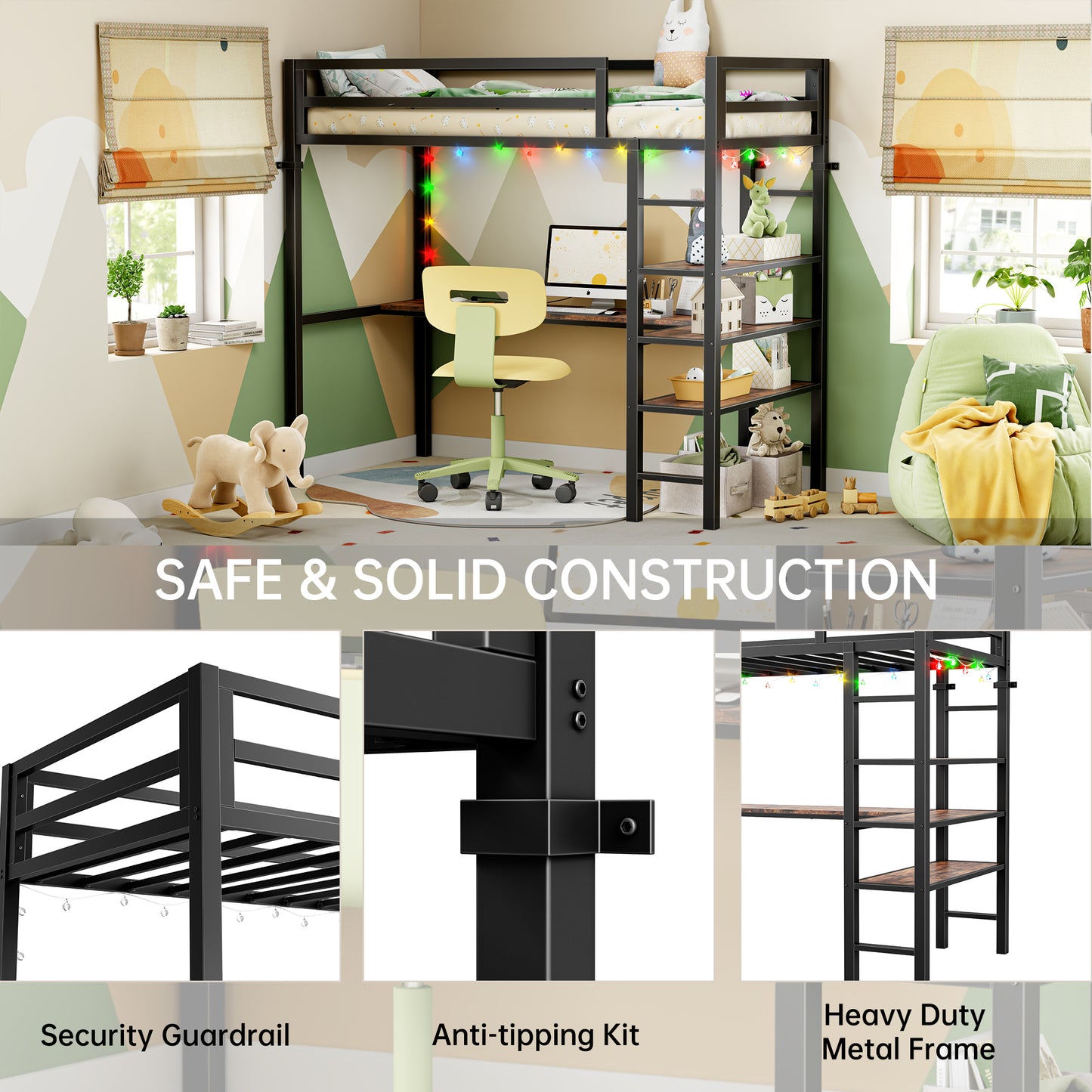 Loft Bed Twin Size with L Shaped Desk and Shelves,Brown
