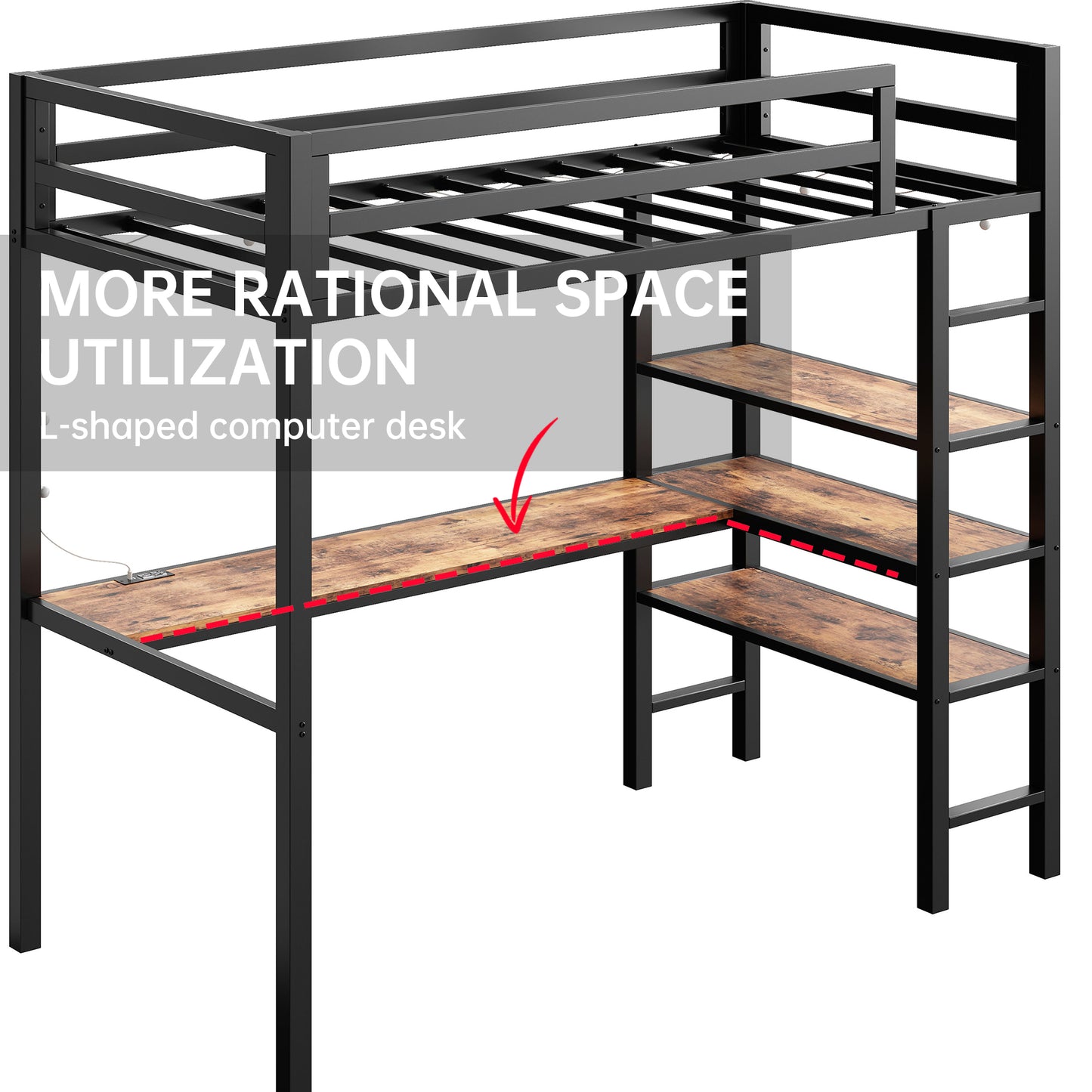 Loft Bed Twin Size with L Shaped Desk and Shelves,Brown