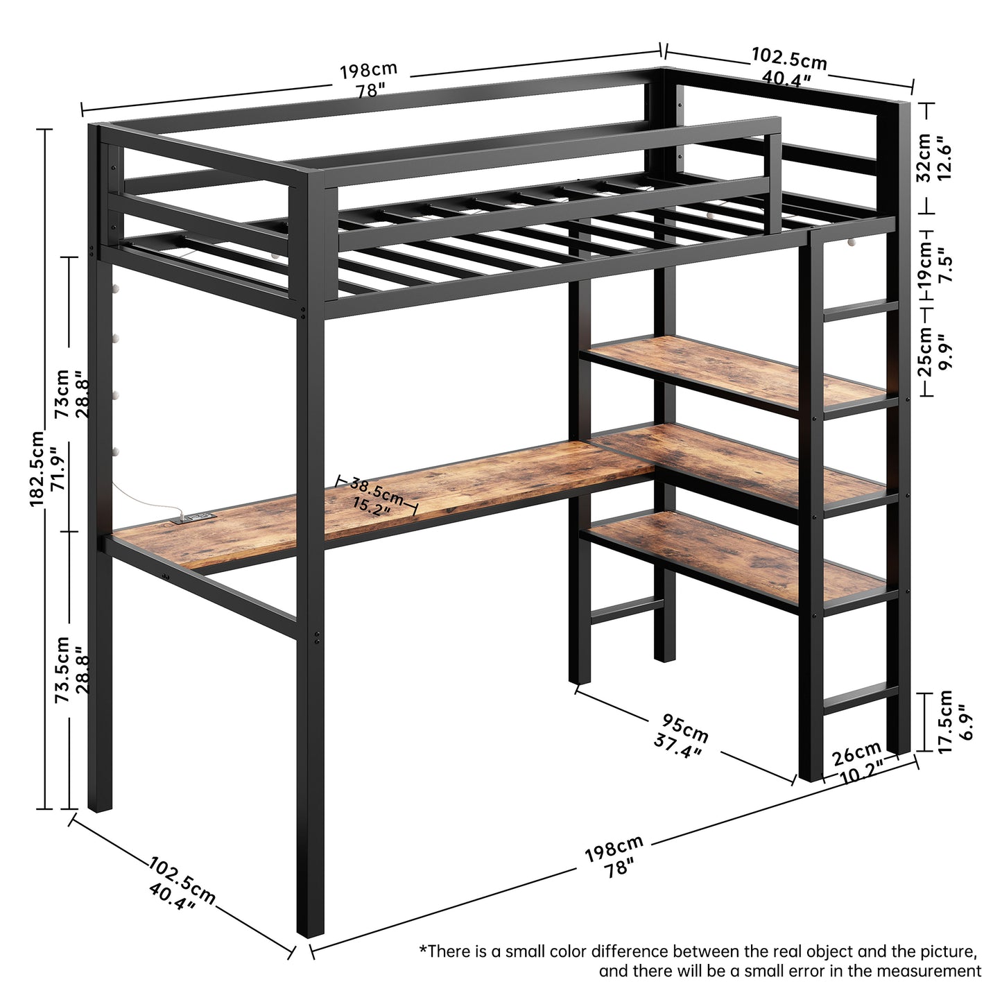 Loft Bed Twin Size with L Shaped Desk and Shelves,Brown