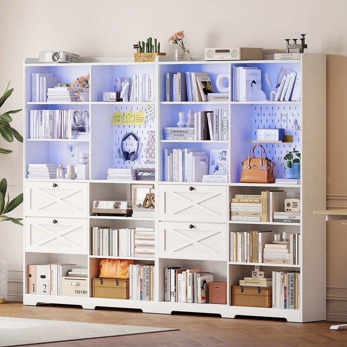 Bookshelf and Bookcase 55" W x 79" H, with LED Lights, 2 Deep Drawers, 7-Tier Double Wide Bookshelves with Pegboard, Freestanding Display Cabinet for Home Office, Living Room, White