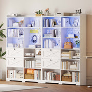 Bookshelf and Bookcase 55" W x 79" H, with LED Lights, 2 Deep Drawers, 7-Tier Double Wide Bookshelves with Pegboard, Freestanding Display Cabinet for Home Office, Living Room, White
