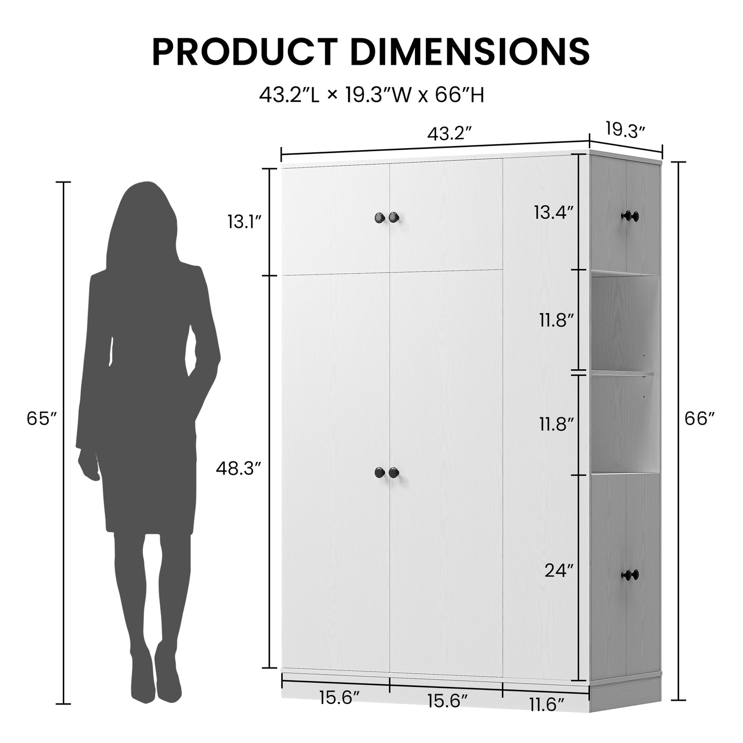 Armoire Wardrobe Closet with Doors Modern White Wardrobe Closet with Adjustable Shelves, 2-Door Storage Cabinets Hanging Rod Folding Zones and Side Storage Tower for Bedroom