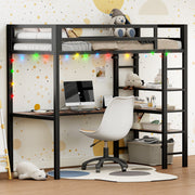 Loft Bed Twin Size with L Shaped Desk and Shelves,Brown