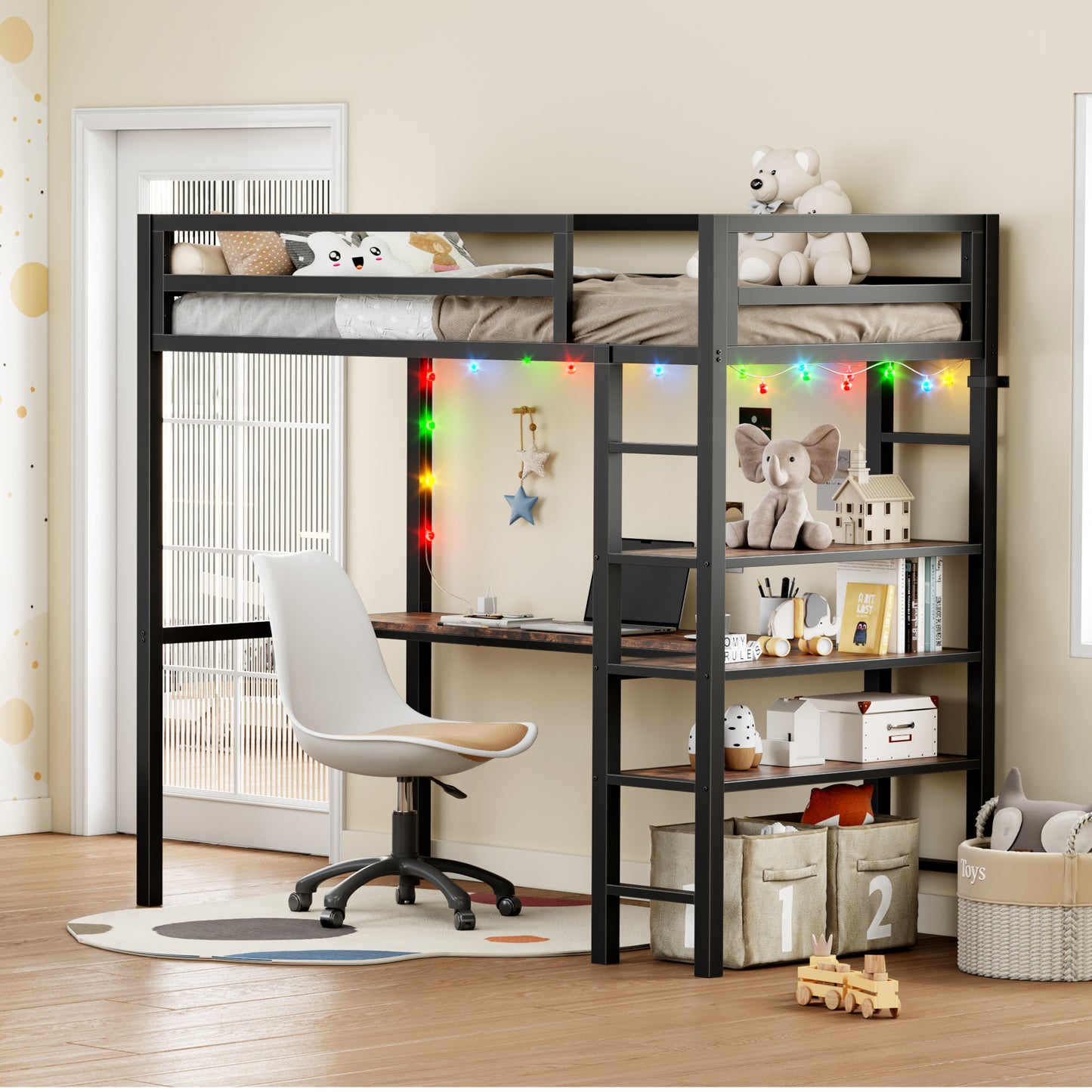 Loft Bed Twin Size with L Shaped Desk and Shelves,Brown