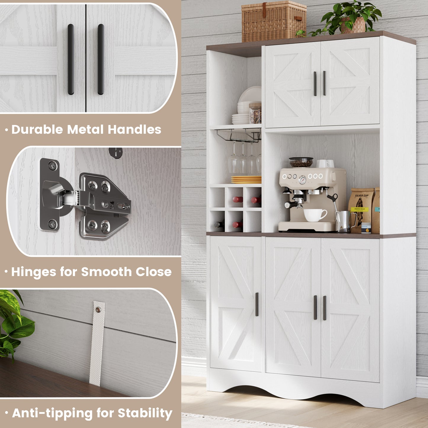 Pantry Cabinet with Wine Racks, 5 Barn Doors, 71" H ×39.4" W, Kitchen Storage Tall Wooden Pantry Cabinets with Doors and Shelves, Freestanding Bar Hutch Cabinets for Kitchen, Dining Room, White