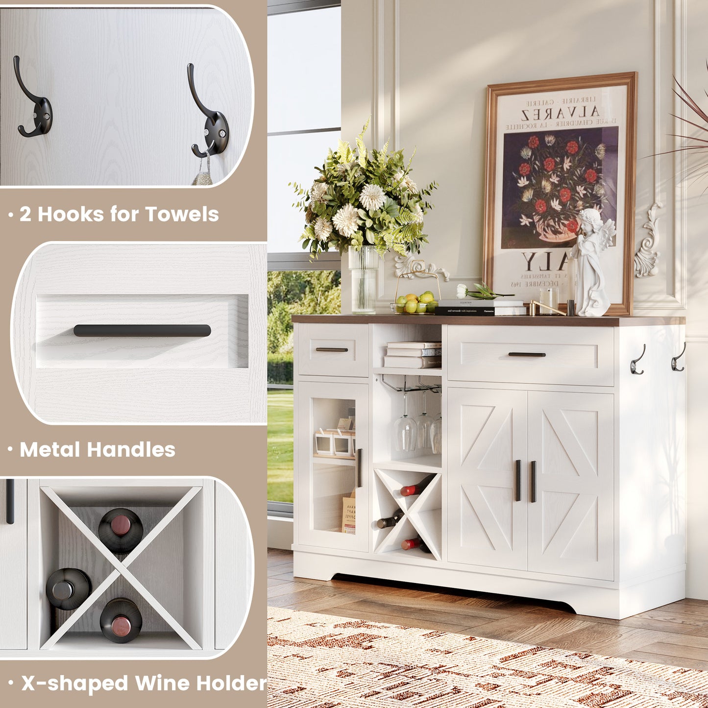 Buffet Cabinet with Storage, 47.3" Farmhouse Coffee Bar Cabinet with Glass Holders, Wine Bar Cabinet with 2 Drawers, Wine Racks for Liquor, Wooden Sideboard for Dining Room, Living Room, White