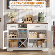 Buffet Cabinet with Storage, 47.3" Farmhouse Coffee Bar Cabinet with Glass Holders, Wine Bar Cabinet with 2 Drawers, Wine Racks for Liquor, Wooden Sideboard for Dining Room, Living Room, White