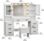 58.4" Large Makeup Vanity with Mirror, Vanity Set with Stool Lights 8 Drawers 2 Glass-Door Cabinets Power Outlet Phone Groove Vanity with Chair Makeup Vanity Desk for Bedroom Dressing Room, White