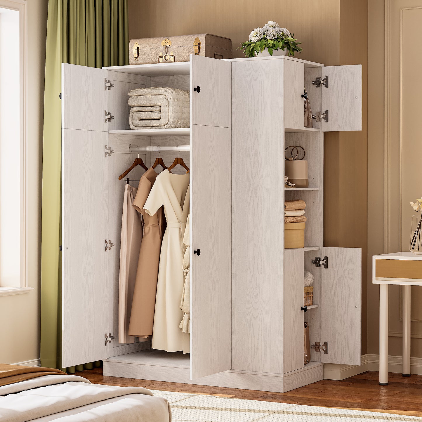 Armoire Wardrobe Closet with Doors Modern White Wardrobe Closet with Adjustable Shelves, 2-Door Storage Cabinets Hanging Rod Folding Zones and Side Storage Tower for Bedroom