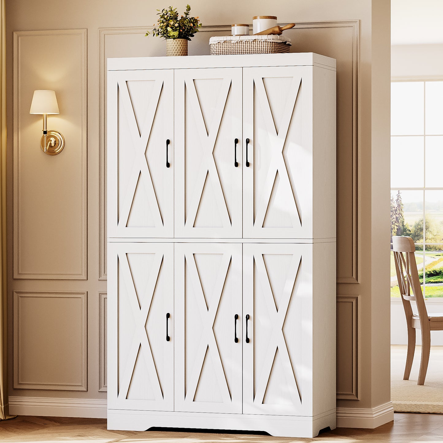 Kitchen Pantry Cabinet with LED Lights, 6 Barn Doors, 39.4" W x 71.3" H, Large Storage Cabinet with 12 Shelves, Freestanding Cupboard with Door Storage Rack for Dining Room, White
