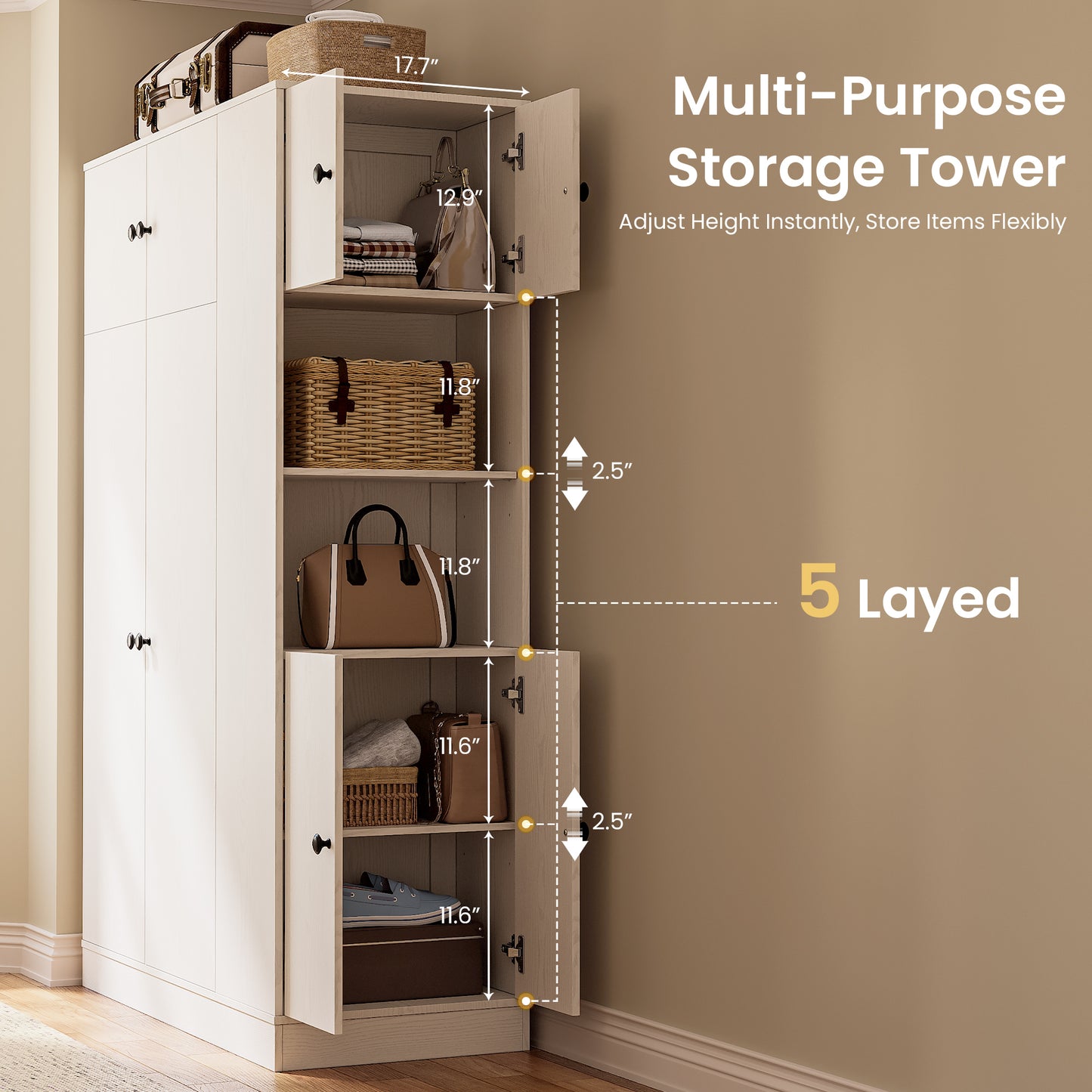 Armoire Wardrobe Closet with Doors Modern White Wardrobe Closet with Adjustable Shelves, 2-Door Storage Cabinets Hanging Rod Folding Zones and Side Storage Tower for Bedroom