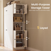 Armoire Wardrobe Closet with Doors Modern White Wardrobe Closet with Adjustable Shelves, 2-Door Storage Cabinets Hanging Rod Folding Zones and Side Storage Tower for Bedroom