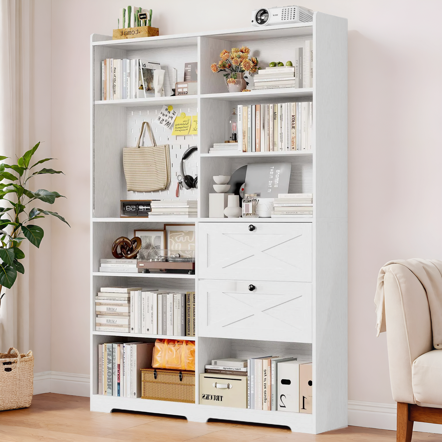 Bookshelf and Bookcase 55" W x 79" H, with LED Lights, 2 Deep Drawers, 7-Tier Double Wide Bookshelves with Pegboard, Freestanding Display Cabinet for Home Office, Living Room, White